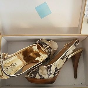 Michael Kors snakeskin gold wood platform pump